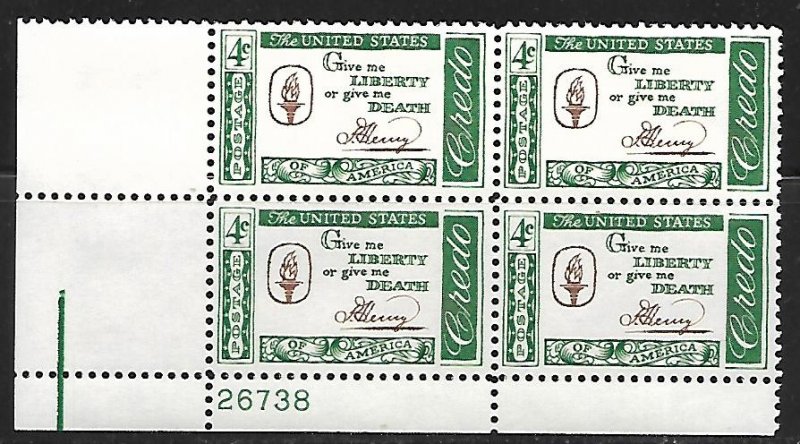 Scott #1144 Patrick Henry Credo Lower Left Plate Block #26738 F VF NH  DCV=$1.00