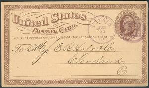 1875, Elyria Ohio purple intertwined “Pod” fancy cancel on UX3 1¢ postal card VF