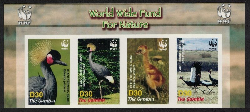 Gambia Birds WWF Black Crowned Crane Strip of 4v imperf WWF Logo 2006 MNH