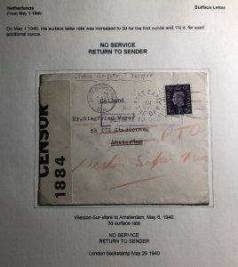 1940 Weston England No service Returned Censored Cover To Amsterdam Netherlands