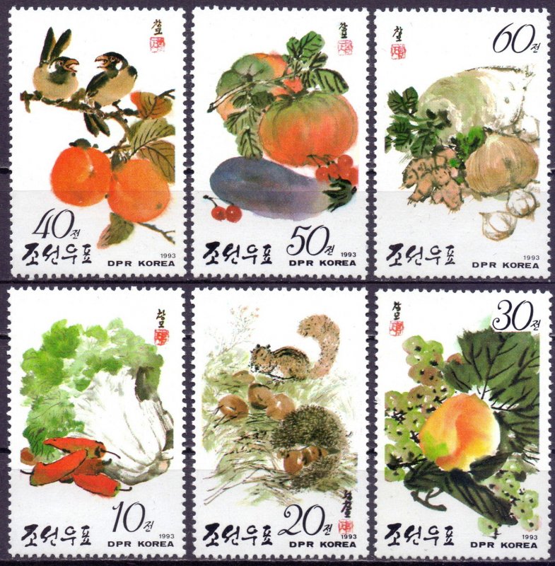 North Korea. 1993. 3445-50 2Small sheet. Vegetables and fruits. MNH.