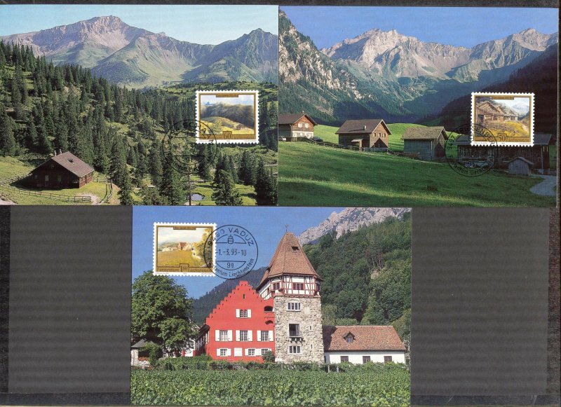 Liechtenstein 1993 Art Paintings Landscapes Architecture 3 Maxi Cards FDC