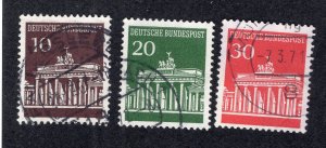 Germany 1966-68 10pf to 30pf Brandenburg Gate, Scott 952-954 used, value = 75c