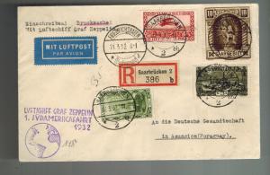 1932 Saar Germany LZ 127 Graf Zeppelin Cover to Asuncion Paraguay