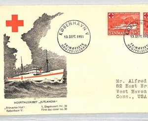 DENMARK 1951 FDC RED CROSS Copenhagen *HOSPITAL SHIP* Jutlandia {samwells}RC114