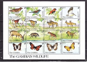 Gambia, Scott cat. 1064 a-p. Butterflies, Birds & Mammals, sheet of 16.