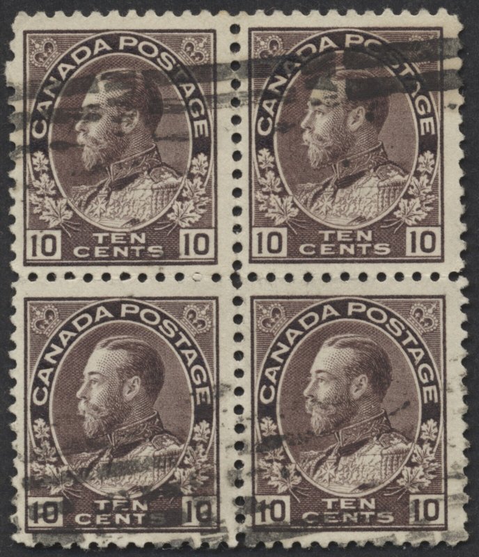 Canada #116 Two 10c Admiral Blocks of 4 Different Plum Shades