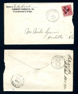 # 220a on cover from Clermont, Pennsylvania, Dead Post Office dated 2-25-1893