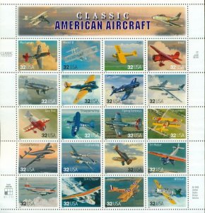 US: 1997 CLASSIC AMERICAN AIRCRAFT;  Sheet of 20, Sc 3142; 32 Cents, Airplanes