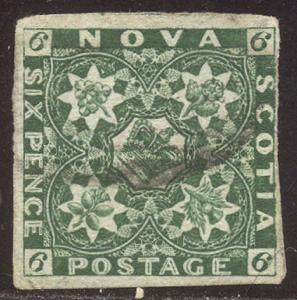 NOVA SCOTIA #5 SCARCE Used - 1857 6p Dark Green