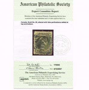 GENUINE CANADA SCOTT #26 USED APS CERT 1875 OLIVE GREEN - ESTATE CLOSEOUT.