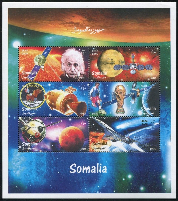 Somalia 1999 Millennium sheet,MNH. Einstein,Space researches,Soccer,Concorde.