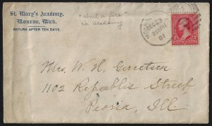 US 1901 Sc 279 MONROE MICH ST MARYS ACADEMY COVER W/LETTER FROM SISTER REGARDING