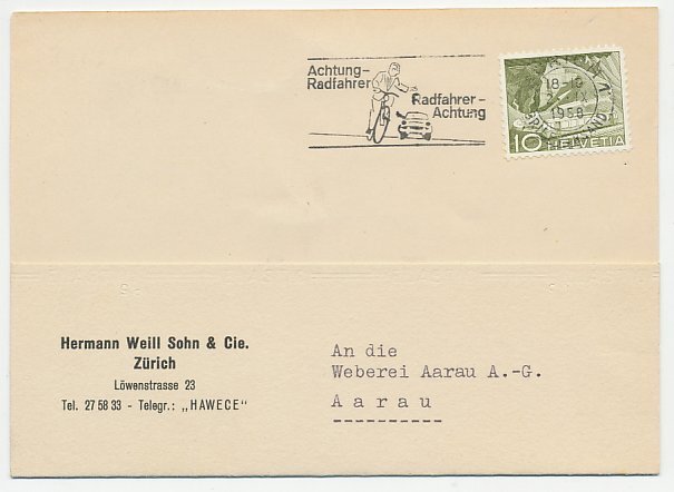 Card / Postmark Switzerland 1958 Beware of cyclists