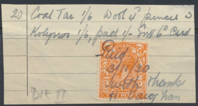 GB  SG 421 Used on piece as  receipt  Paid   -  1924   SC# 190 see scans