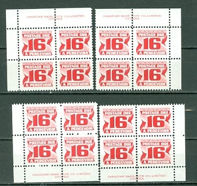 CANADA 1973 DUES #J37 PERF 12 PVA ...PLATE CORNERS SET MNH...$10.00