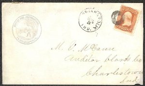 USA SCOTT #94 STAMP SUPT. PUBLIC INSTRUCTION INDIANAPOLIS INDIANA COVER (1880s)