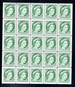 338a Scott, 2c green, VF, QEII Wilding Issue, Miniature Pane of 25 (5x5), MNHOG