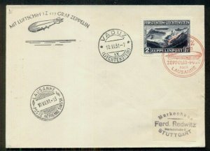 LIECHTENSTEIN, 1931, Zeppelin flight w/2fr Zepp stamp tied, all proper markings