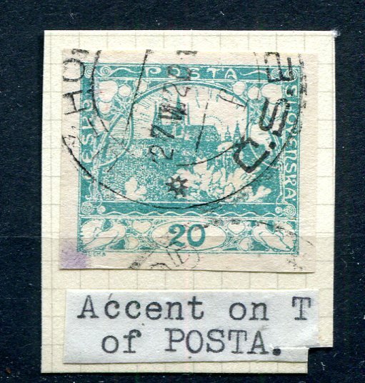 Czechoslovakia 1919 Imperf Used 20H ERROR accent on T POSTA 8501