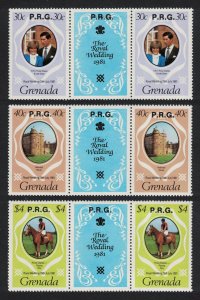 Grenada Horse Castle Royal Wedding 3v official stamps 'P.R.G.' Gutter Pairs