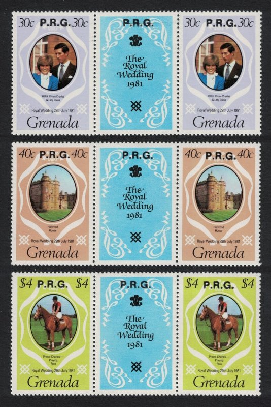 SALE Grenada Horse Castle Royal Wedding 3v official stamps 'P.R.G.' Gutter Pairs