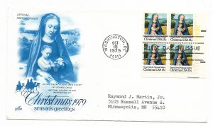 US 1799 15c Christmas Madonna & Child pl# blk4 on FDC Artcraft Cachet ECV $12.50