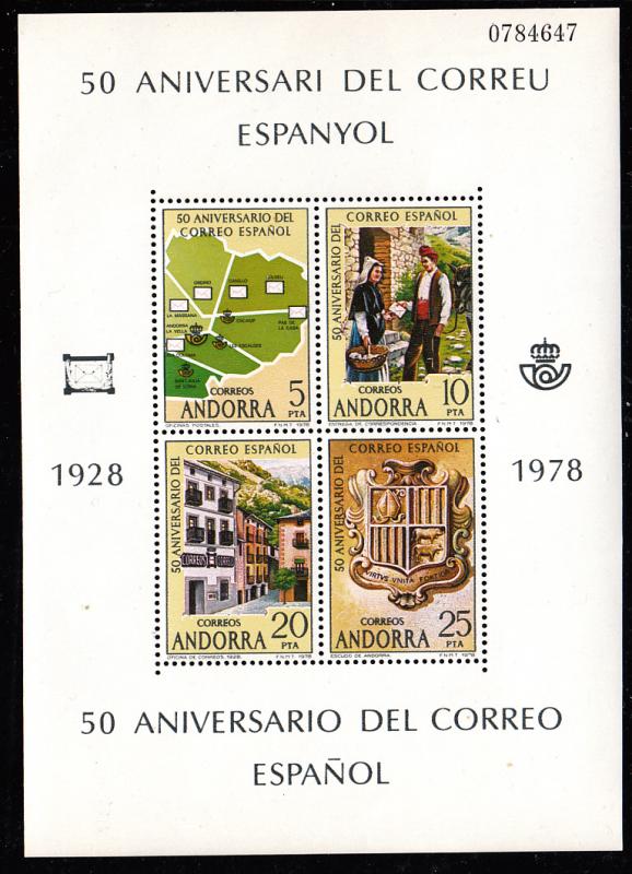Andorra, Spanish 1978 MNH Scott #102 Sheet of 4 Postal Services, Spanish 50t...