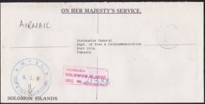 SOLOMON IS 1990 Registered OHMS cover Honiara to VANUATU...................B1003