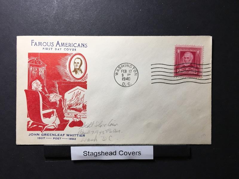 US FDC 1940 Cachet Famous American Poet John Greenleaf Whittier Washington D.C.