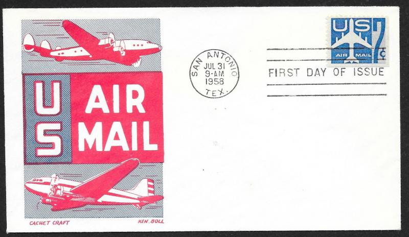 UNITED STATES FDC 7¢ US Air Mail Booklet Pane Single 1958 Ken Boll