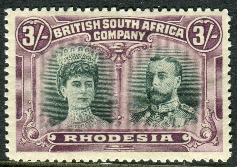 RHODESIA-1910-13 3/- Green & Violet.  A mounted mint example Sg 158a