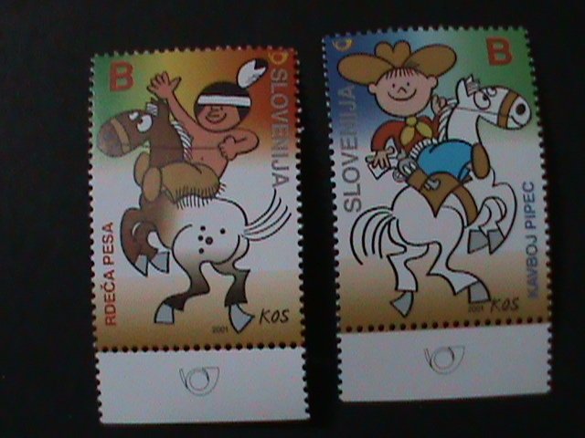 ​SLOVENIA-2001-CARTOONS-BABY COWBOY & BABY INDIAN ON HORSE MNH VERY FINE