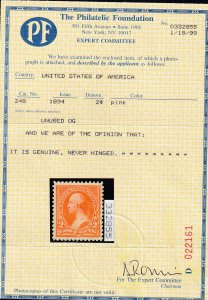 US #248 Mint OGnh, Single,  With Cert.  VF-XF (85)