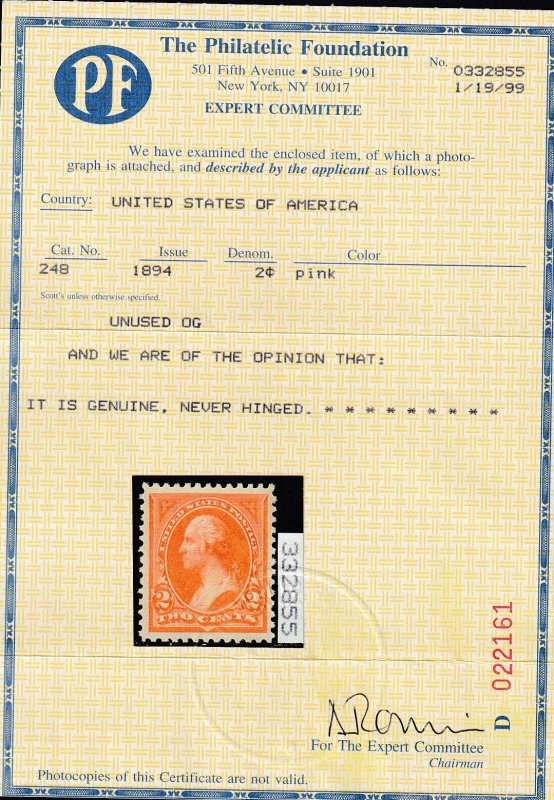US #248 Mint OGnh, Single,  With Cert.  VF-XF (85)
