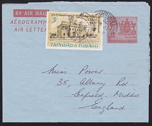 TRINIDAD & TOBAGO 1970 15c aerogramme uprated with 5c commercial use to UK.A9640