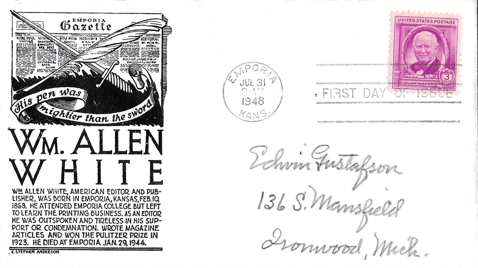 1948 FDC, #960, 3c William Allen White, Anderson | United States ...