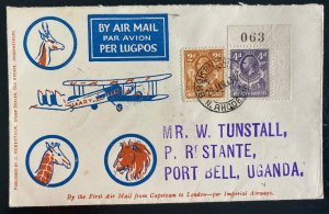 1932 Broken Hill Northern Rhodesia First Flight  Airmail Cover To Port Bell Ugan