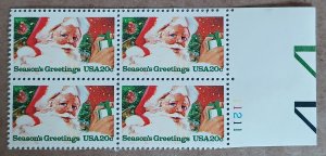 United States #2064 20c Santa Claus MNH block of 4 plate #11211 (1983)