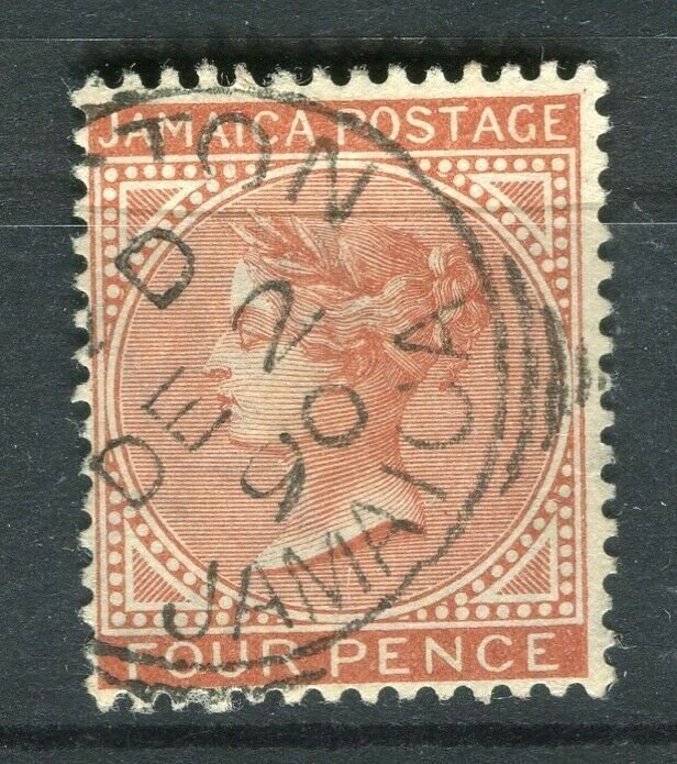 JAMAICA; 1890s early classic QV issue fine used 4d. value, Postmark 