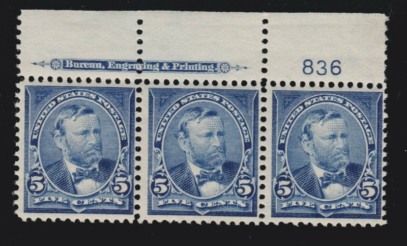 US 281 5c Grant Mint Plate #836 Strip of 3 F-VF OG NH SCV $340