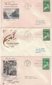 #952 FDC, 3c Florida Everglades NP, 3 diff. cachets
