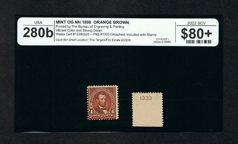 EXCELLENT GENUINE SCOTT #280b MINT OG NH 1898 ORANGE BROWN WEISS CERT - LINCOLN