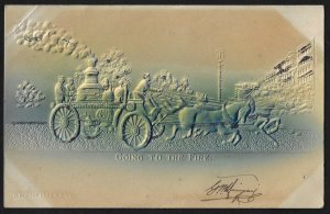 CANADA 1903 EMBOSSED FIRE WAGON GOING TO THE FIRE SIGNED BY THE ARTIST CORNER