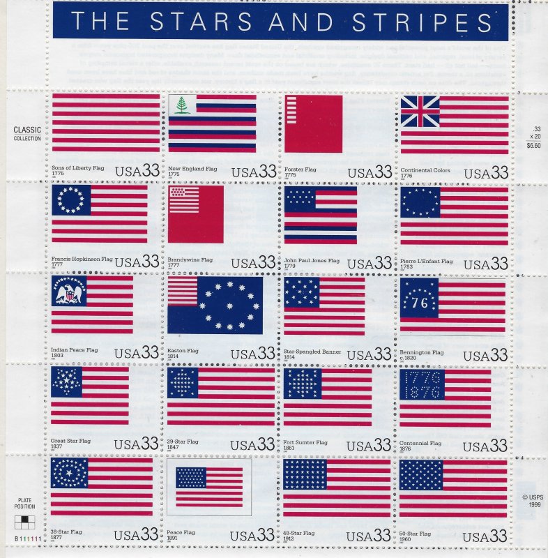 US #3403 2000 STARS AND STRIPES- PANE OF 20 33 CENT STAMPS-MINT NEVER HINGED