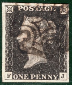 GB PENNY BLACK 1840 QV SG.2 1d Plate 1b (FJ) Used MX Cat £400 {samwells}REDG30