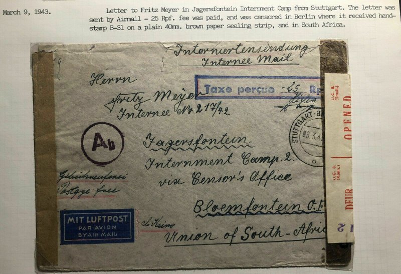 1943 Stuttgart Germany Cover To South Africa Jagersfontein Internment Camp POW