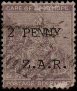 1899 CAPE OF GOOD HOPE SURCHARGED 12MM HIGH  2 PENNY Z.A.R. SC#N3 USED RARE