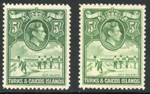 Turks and Caicos SG204/a 5/- Yellowish green and 5/- Deep Green M/M Cat 115 pou