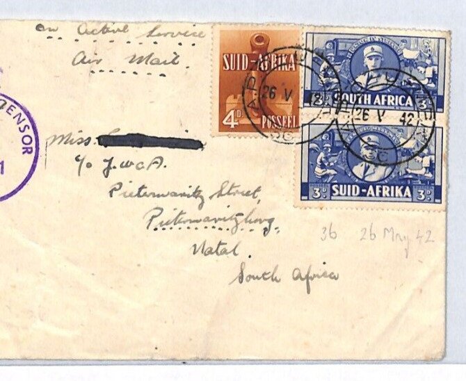 SOUTH AFRICA WW2 Military TOBRUK *APO-U-MPK-36* Censor Natal Cover Front YR91